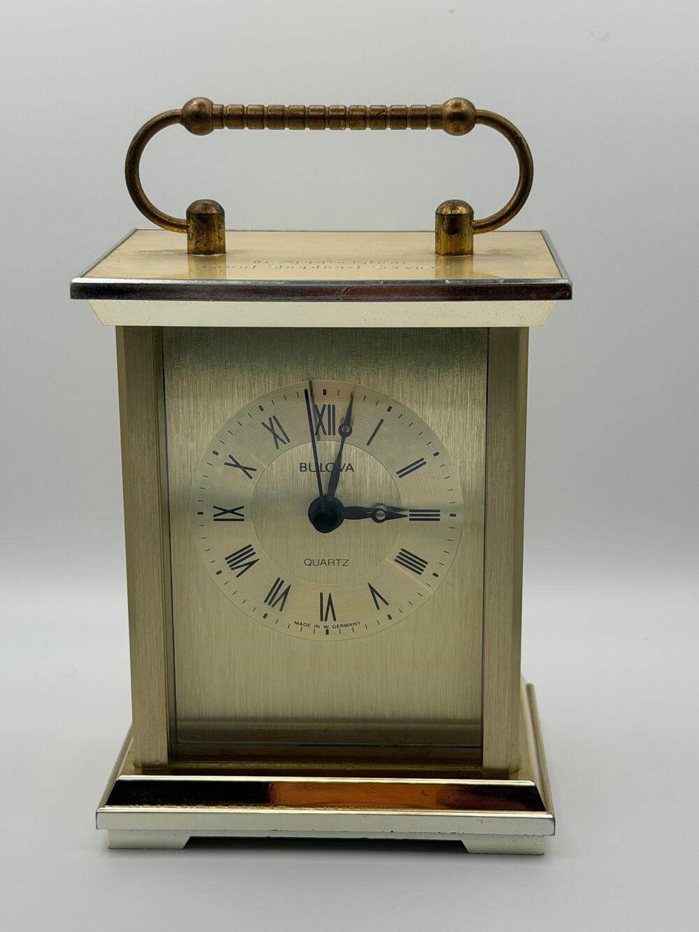 Bulova Quartz Brass Carriage Desk Clock Made in West Germany Engraved Works
